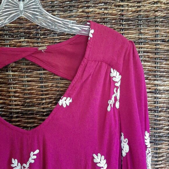 Free People Embroidered Austin Dress Long Sleeve Emma Boho Babydoll XS Fuchsia - Picture 4 of 9